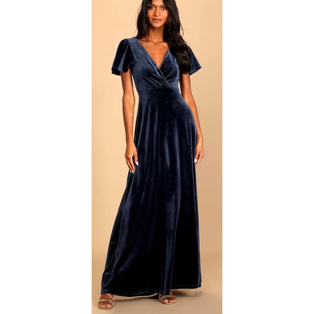 Lulus Navy Blue Velvet Flutter Sleeve V-Neck Maxi Dress Medium